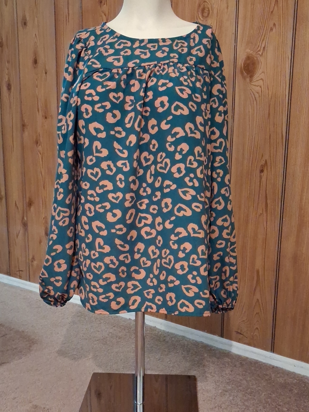 Teal and Peach Leopard-Print Long-Sleeve Blouse